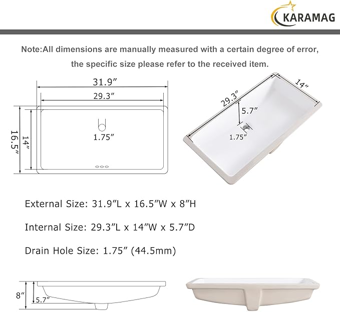 32 Inch Undermount Bathroom Sink Rectangle Undermount Sink White Ceramic Under Counter Bathroom Sinks with Overflow (31.9"x16.5")