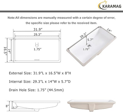 32 Inch Undermount Bathroom Sink Rectangle Undermount Sink White Ceramic Under Counter Bathroom Sinks with Overflow (31.9"x16.5")