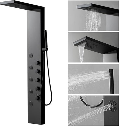 Homevacious Stainless Steel Shower Panel Tower System, Rainfall Waterfall Shower Head,5 Massage Body Jets and Handheld,Wall Mounted Multi-Function Bathroom Shower Panel,Matte Black