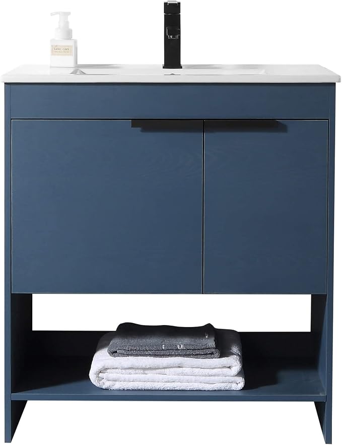 Phoenix 30 Inch Bathroom Vanity with Sink – Modern Design, Soft-Close Doors, Storage Drawers, Durable Build – Navy Blue Vanity for Small Bathrooms (Full Assembly Required)