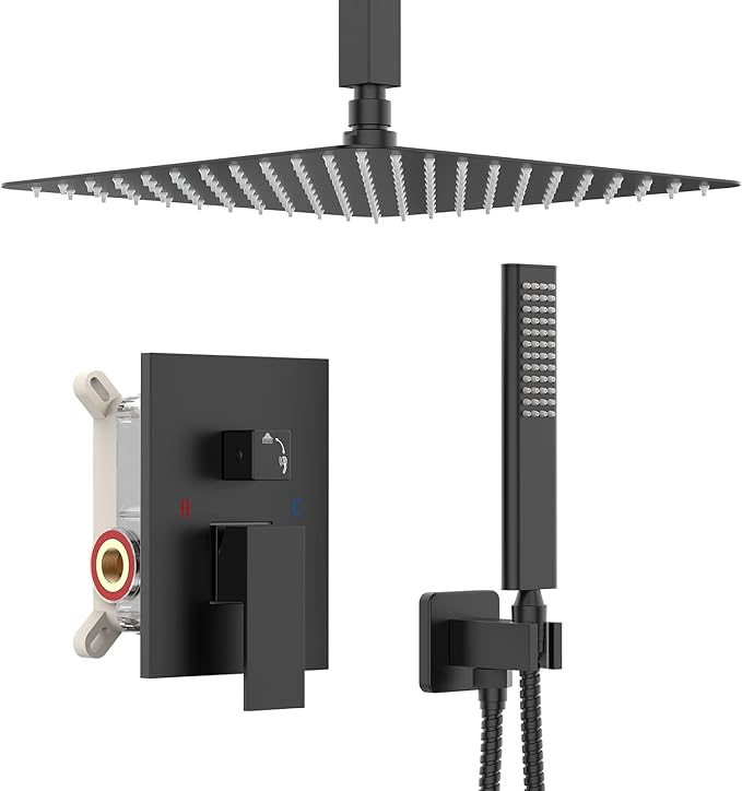 Iriber Matte Black Ceiling Mount Rain Shower System with 12 Inch Shower Head and Handheld Bathroom Square Shower Faucet Set Contain Shower Mixer and Trim Kit (Valve Included)