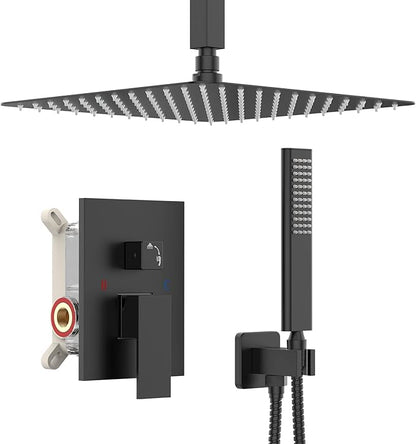 Iriber Matte Black Ceiling Mount Rain Shower System with 12 Inch Shower Head and Handheld Bathroom Square Shower Faucet Set Contain Shower Mixer and Trim Kit (Valve Included)