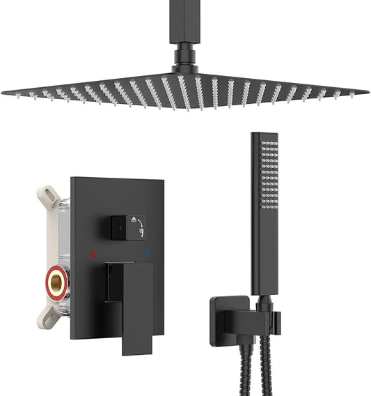 Iriber Matte Black Ceiling Mount Rain Shower System with 12 Inch Shower Head and Handheld Bathroom Square Shower Faucet Set Contain Shower Mixer and Trim Kit (Valve Included)