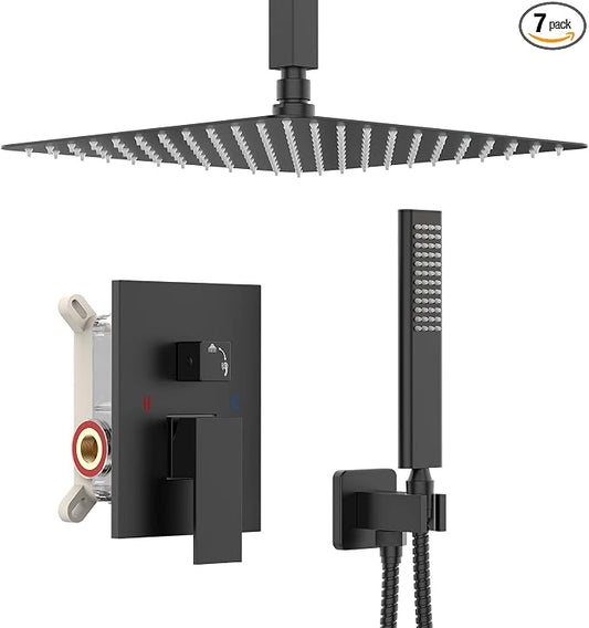 Iriber Matte Black Ceiling Mount Rain Shower System with 12 Inch Shower Head and Handheld Bathroom Square Shower Faucet Set Contain Shower Mixer and Trim Kit (Valve Included)
