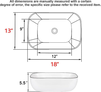 Bathroom Vessel Sink with Faucet Combo, 18" x 13" White Ceramic Above Counter Basin with Black Rim, Modern Rectangular Porcelain Vanity Sink & Pop-Up Drain for Lavatory