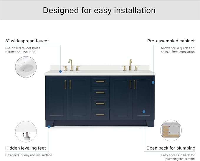 ARIEL Taylor 72-inch Bathroom Vanity with Sink,Solid Wood, 1.5-inch Pure White Quartz Countertop & Backsplash, Double Oval Porcelain Sink, 4 Soft Closing Doors, 6 Dovetail Drawers, Midnight Blue