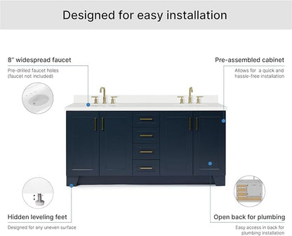 ARIEL Taylor 72-inch Bathroom Vanity with Sink,Solid Wood, 1.5-inch Pure White Quartz Countertop & Backsplash, Double Oval Porcelain Sink, 4 Soft Closing Doors, 6 Dovetail Drawers, Midnight Blue