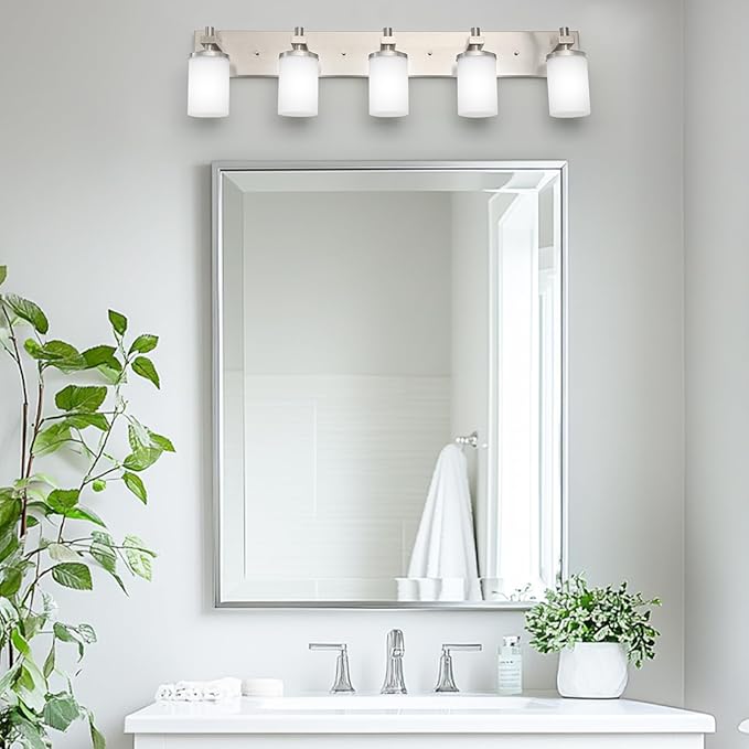 LOUSACE Bathroom Lighting Fixtures Over Mirror Brushed Nickel 5 Light Bathroom Vanity Lights with Opal White Glass Shades, Modern Vanity Wall Sconces Fixture for Bedroom Living Room
