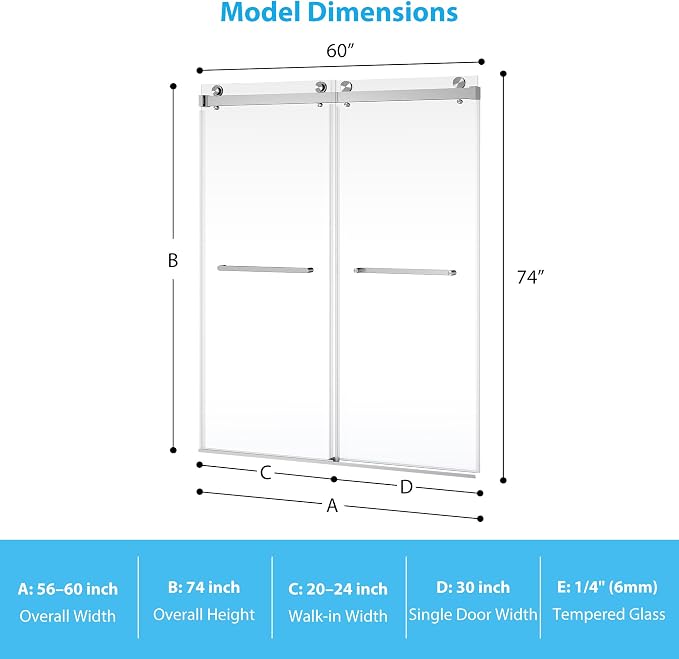 GarveeLife Frameless Glass Shower Door 56-60”W×74”H, Double Shower Sliding Glass Door with Square Stainless Steel Rail, 6mm Tempered Glass, Brushed Finish