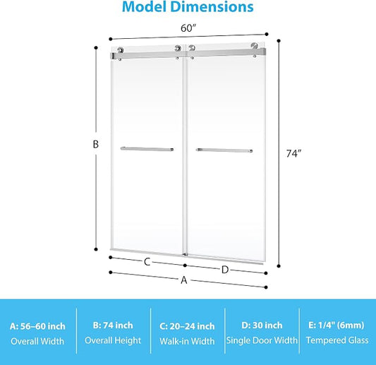 Sliding Shower Door with Dual Sliding Panels, 56"-60" Adjustable Width x 74" Height, 6mm Tempered Glass, Brushed Nickel Stainless Steel Square Rail, Bypass Design