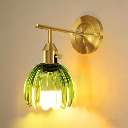 Vintage Gold Wall Sconces with Green Tulip Glass Lampshade, Hardwired Wall Lamp (2 Usage Methods), Brass Sconces Hradwired Modern Wall Light Fixture for Bedroom Living Room