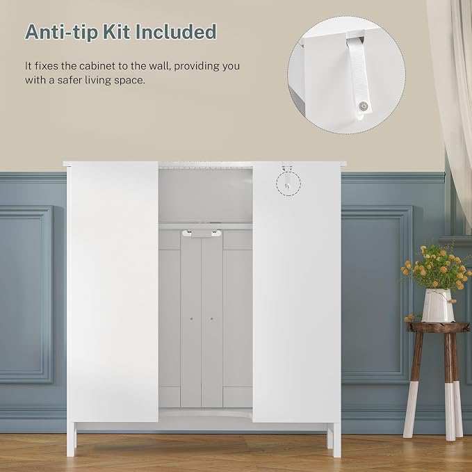 Pedestal Sink Storage Cabinet with 2 Doors and Drawer, Bathroom Sink Cabinet, Under Sink Storage with U-Shape Cut-Out, White