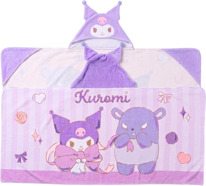 Sanrio Kuromi Kids Super Soft Bath/Pool/Beach Soft Cotton Terry Hooded Towel Wrap, 24 in x 50 in, (Officially Licensed Product) by Franco
