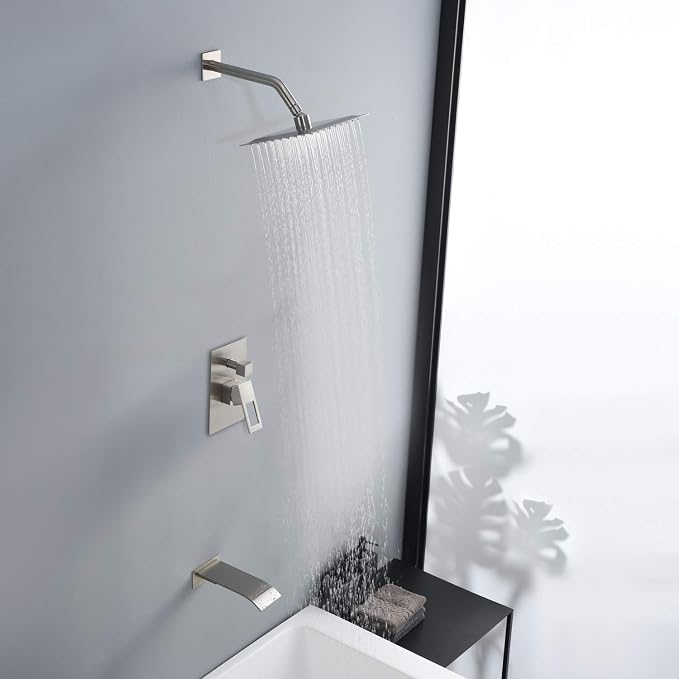 SUMERAIN Tub and Shower Faucet Set Brushed Nickel | Anti-scalding Pressure Balance Valve, 8" Rain Shower Head, Waterfall Tub Spout, With Non-return Check Valves