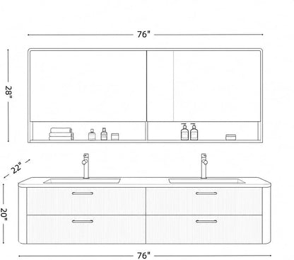 76 in Double Bathroom Vanity with Sinks - Modern Floating Bathroom Vanity with Solid Wood Cabinet, Anti-Fog Mirror and Integrated Stone Sinks | Wall Mounted Design | Ample Storage