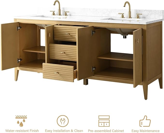 HOMEBEYOND 72" Bathroom Vanity with Double Sink, Solid Wood Bathroom Vanity Free-Standing Cabinet, Ceramic Top & Soft Closing Door, Golden Brushed Handware,Natural Oak