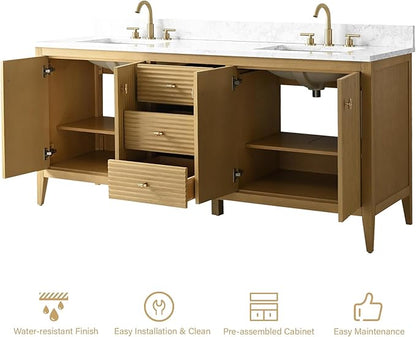 HOMEBEYOND 72" Bathroom Vanity with Double Sink, Solid Wood Bathroom Vanity Free-Standing Cabinet, Ceramic Top & Soft Closing Door, Golden Brushed Handware,Natural Oak