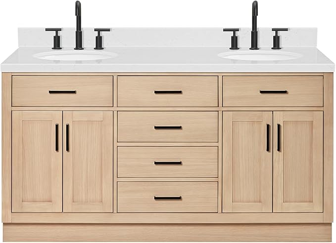 ARIEL Hepburn 66-inch Bathroom Vanity with Sink,Solid Wood, 1.5-inch Carrara White Quartz Countertop & Backsplash, Double Oval Porcelain Sink, 4 Soft Closing Doors, 6 Dovetail Drawers, White Oak