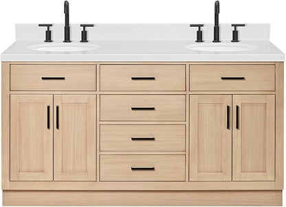 ARIEL Hepburn 66-inch Bathroom Vanity with Sink,Solid Wood, 1.5-inch Carrara White Quartz Countertop & Backsplash, Double Oval Porcelain Sink, 4 Soft Closing Doors, 6 Dovetail Drawers, White Oak