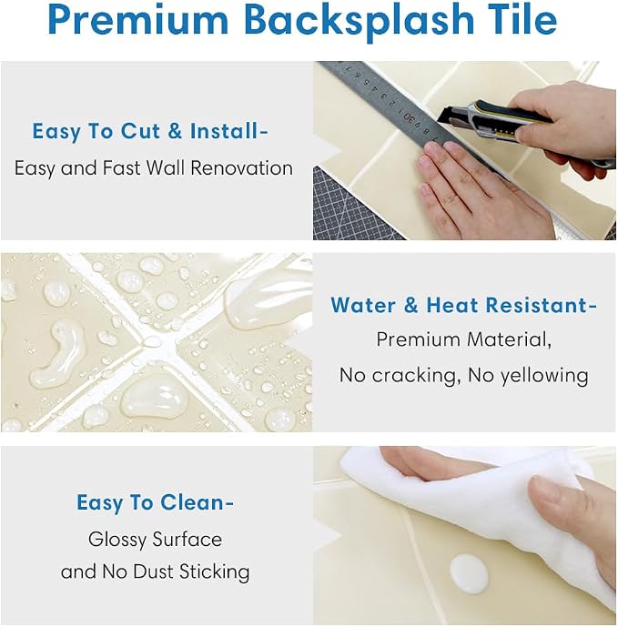 Thicker Peel and Stick 3D Backsplash Tiles Kitchen Bathroom | Beige, 10 Pcs 12" x 12", Glossy Self Adhesive Decorative Vinyl Backsplash Wall Sticker, Cover 10 sq ft，Removable，Waterproof