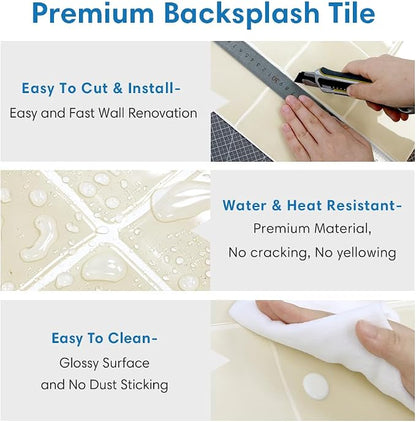 Thicker Peel and Stick 3D Backsplash Tiles Kitchen Bathroom | Beige, 10 Pcs 12" x 12", Glossy Self Adhesive Decorative Vinyl Backsplash Wall Sticker, Cover 10 sq ft，Removable，Waterproof