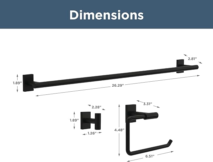 Franklin Brass Hartwell 3-Piece Bathroom Set Matte Black 18" + 6" Towel Rack, Toilet Paper Holder/Hand Towel Holder, Hook | 3-Piece Bath Hardware Accessories Set HRT63-MB