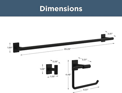 Franklin Brass Hartwell 3-Piece Bathroom Set Matte Black 18" + 6" Towel Rack, Toilet Paper Holder/Hand Towel Holder, Hook | 3-Piece Bath Hardware Accessories Set HRT63-MB