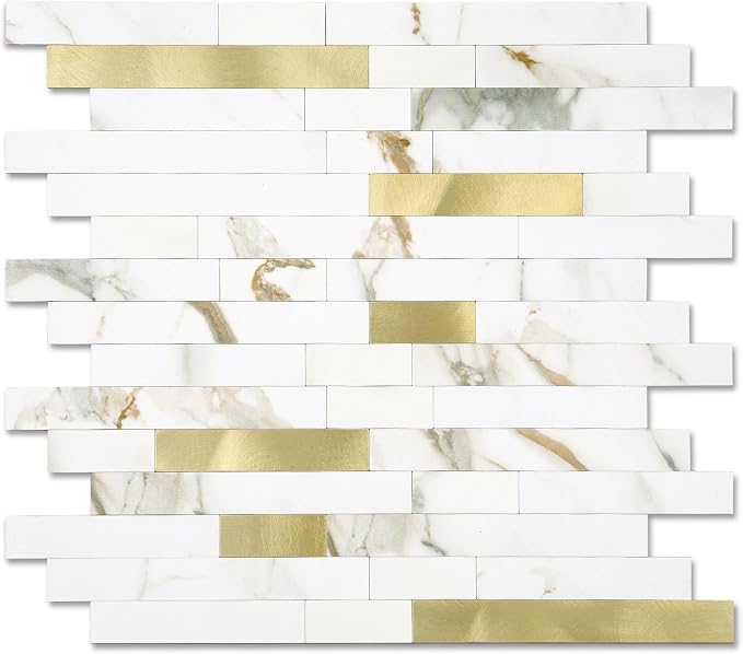 1 - Sheet Peel and Stick Backsplash Wall Tile, PVC Kitchen Backsplash, Stick on Tiles for Backsplash Kitchen (12'' X 12'', White with Gold)