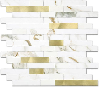 20 - Sheet Peel and Stick Backsplash Wall Tile, PVC Kitchen Backsplash, Stick on Tiles for Backsplash Kitchen (12'' X 12'', White with Gold)