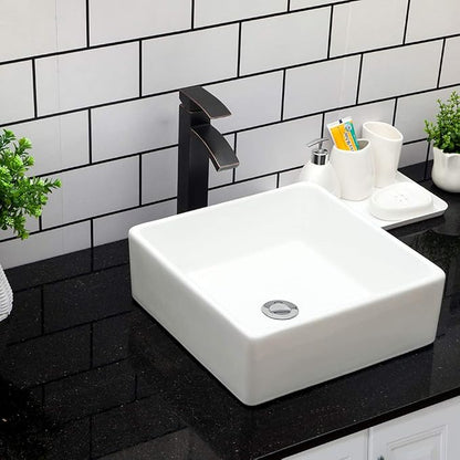 15x15 Square Bathroom Vessel Sink Porcelain Ceramic White Vanity Sink Above Counter Modern Sink for Cabinet, Lavatory, Hotel Art Basin, Home Washing Basin