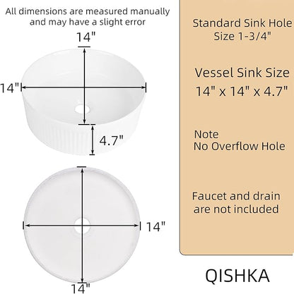 Round Vessel Sink 14 Inch Above Counter - White Ceramic Countertop Bathroom Sink, 14" x 14" Modern Vanity Art Basin Porcelain Hand Wash Basin