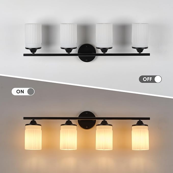 Jonsi Black Bathroom Light Fixtures 4-Light Vanity Lights Modern Wall Sconce with Milk White Shade Brushed Brass Bathroom Light Fixture Over Mirror for Bedroom Hallway Kitchen