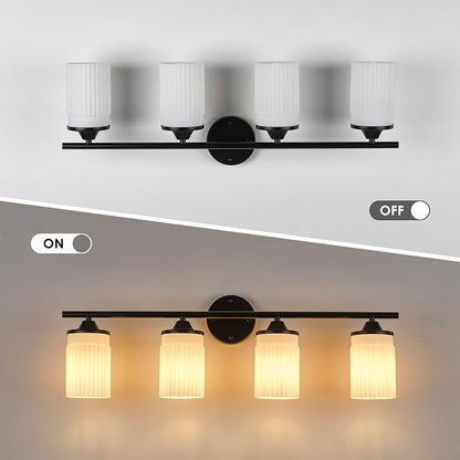 Jonsi Black Bathroom Light Fixtures 4-Light Vanity Lights Modern Wall Sconce with Milk White Shade Brushed Brass Bathroom Light Fixture Over Mirror for Bedroom Hallway Kitchen