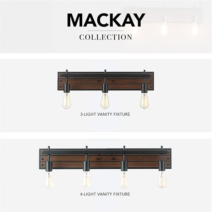 Globe Electric 52058 4-Light Vanity Light with Faux Wood Finish and Matte Black Accents, Ideal for Bathroom, Living Room, and for Makeup Over Mirror Lighting