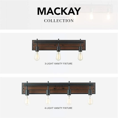 Globe Electric 52058 4-Light Vanity Light with Faux Wood Finish and Matte Black Accents, Ideal for Bathroom, Living Room, and for Makeup Over Mirror Lighting