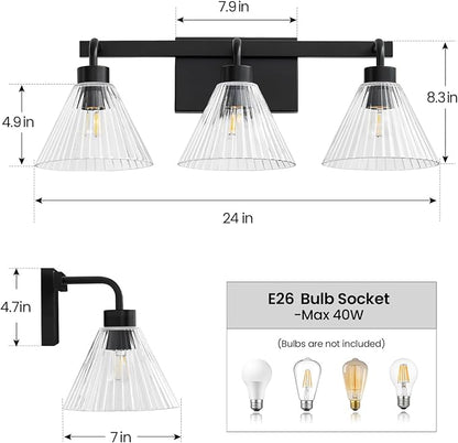 AIJIASI Modern Bathroom Light Fixtures Over Mirror 3-Light Black Vanity Lights for Bathroom with Ribbed Glass Shade 24 Inch Up/Down Mount Vanity Lighting Fixtures for Bath Bedroom Makeup
