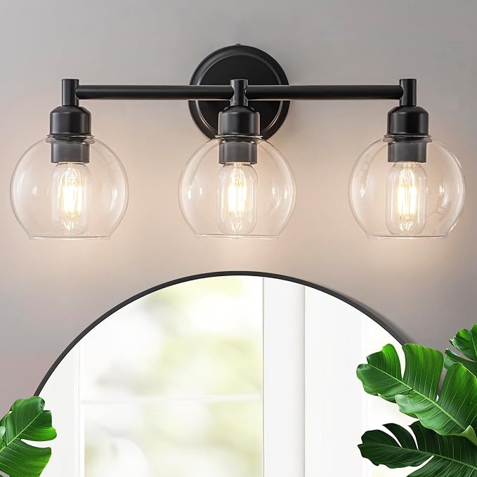 Modern Black Bathroom Vanity Lights,3-Light Matte Black Bathroom Light Fixture with Clear Glass Globe Shades, Adjustable Brightness Vanity Lighting fixtures for Kitchen,Bedroom,Hallway
