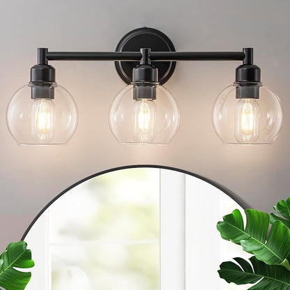 Modern Black Bathroom Vanity Lights,3-Light Matte Black Bathroom Light Fixture with Clear Glass Globe Shades, Adjustable Brightness Vanity Lighting fixtures for Kitchen,Bedroom,Hallway