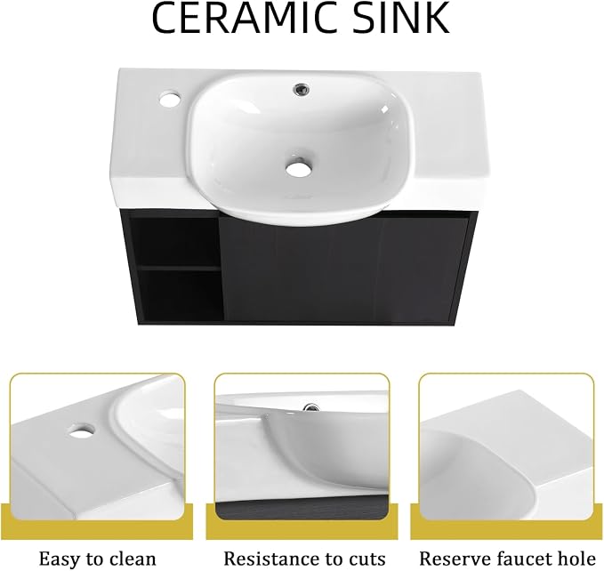 26" Wall Mounted Bathroom Vanity with Sink, Small Vanity, Dark Oak | Integrated Ceramic Sink, Soft-Close Door & 2 Open Storage Shelves, Small Bath Vanity Set, Easy to Clean