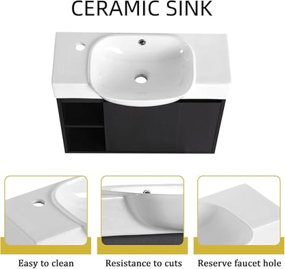 26" Wall Mounted Bathroom Vanity with Sink, Small Vanity, Dark Oak | Integrated Ceramic Sink, Soft-Close Door & 2 Open Storage Shelves, Small Bath Vanity Set, Easy to Clean