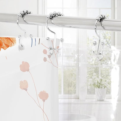 Extra Long 3 in 1 Shower Curtain Set, Orange Navy Watercolor Floral Bath Curtain and PEVA Liner Set with 12 Double Sided Steel Hooks, Waterproof Fabric Bathroom Curtain 72x84