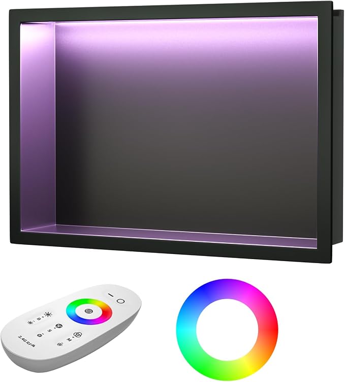 Stainless Steel Led Shower Niche 12" X 18" Matte Black with RGB Light Waterproof Hardwired Dimmable No Tile Needed Recessed Wall Niche Shower for Bathroom Storage Over Mount Installation
