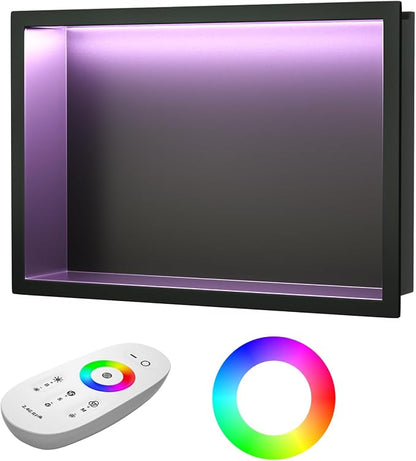 Stainless Steel Led Shower Niche 12" X 18" Matte Black with RGB Light Waterproof Hardwired Dimmable No Tile Needed Recessed Wall Niche Shower for Bathroom Storage Over Mount Installation