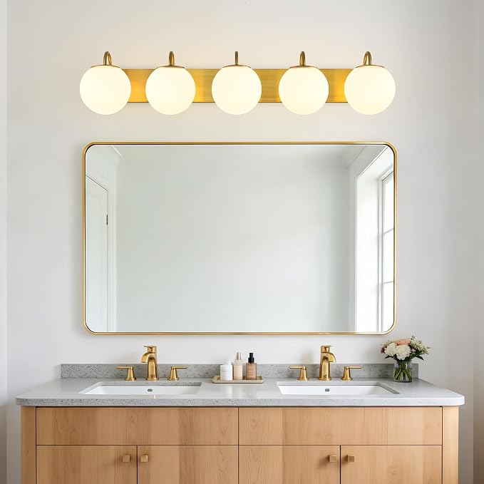5 Lights Vintage Bathroom Vanity Light Fixtures Over Mirror, Brushed Gold Vanity Lights For Bathroom With Milk White Glass Globe Shade, Wall Lights For Bedroom, Hallway, Dressing Table(G9 Incl.)