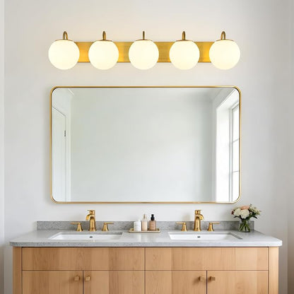 5 Lights Vintage Bathroom Vanity Light Fixtures Over Mirror, Brushed Gold Vanity Lights For Bathroom With Milk White Glass Globe Shade, Wall Lights For Bedroom, Hallway, Dressing Table(G9 Incl.)