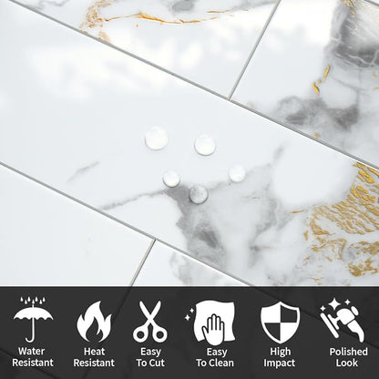 AULIGET 4-Piece Polished White Marble with Gold Peel and Stick Backsplash Wall Tiles, 3" x 12" PVC Faux Stone Stick on Tiles for Backsplash Kitchen, Bathroom, Laundry Room, Camper, Fireplace