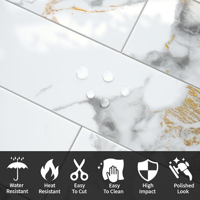 AULIGET 40-Piece Polished White Marble with Gold Peel and Stick Backsplash Wall Tiles, 3" x 12" PVC Faux Stone Stick on Tiles for Backsplash Kitchen, Bathroom, Laundry Room, Camper, Fireplace