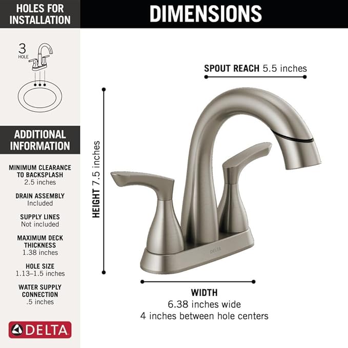 Delta Broadmoor Centerset Brushed Nickel Bathroom Faucet with Sprayer, 4 Inch 3 Hole Bathroom Sink Faucet with Pull Out Sprayer, Push-Pop Drain, Stainless 25765LF-SSPD