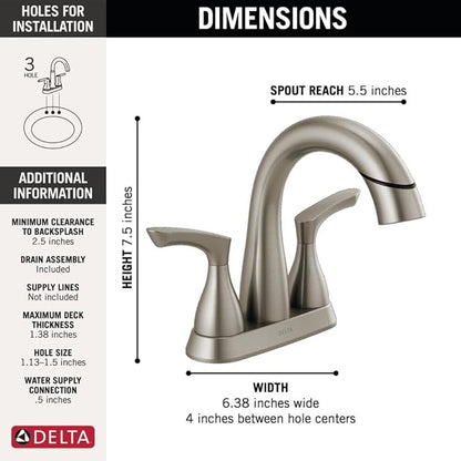 Delta Broadmoor Centerset Brushed Nickel Bathroom Faucet with Sprayer, 4 Inch 3 Hole Bathroom Sink Faucet with Pull Out Sprayer, Push-Pop Drain, Stainless 25765LF-SSPD