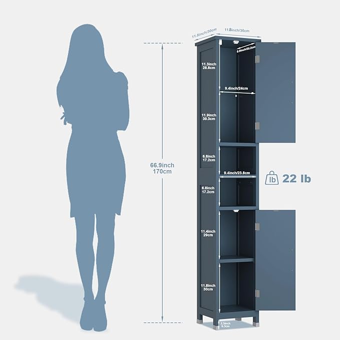 67" Tall Bathroom Storage Cabinet with Lights, Slim Narrow Bathroom Cabinet Organizer with Doors and Adjustable Shelves, Tall Cabinet for Small Space (66.9" Tall-Blue with Light)